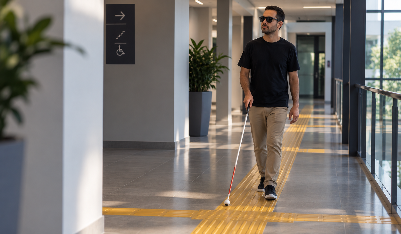 Pessoa cega caminhando sobre piso tátil